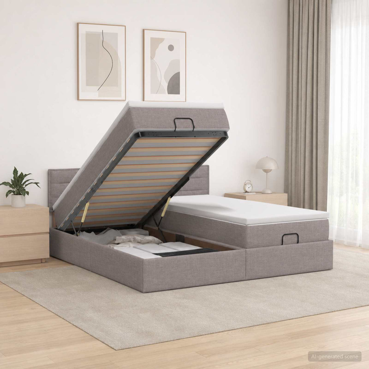 Ottoman bed met matras met hoofdeinde 2 st Taupe Stof is nu te koop bij PeponiXL, paradijselijk wonen!
