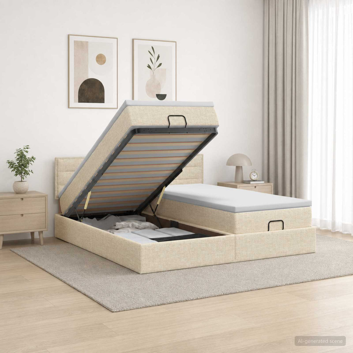 Ottoman bed met matras met hoofdeinde 2 st Crèmekleurig Stof is nu te koop bij PeponiXL, paradijselijk wonen!