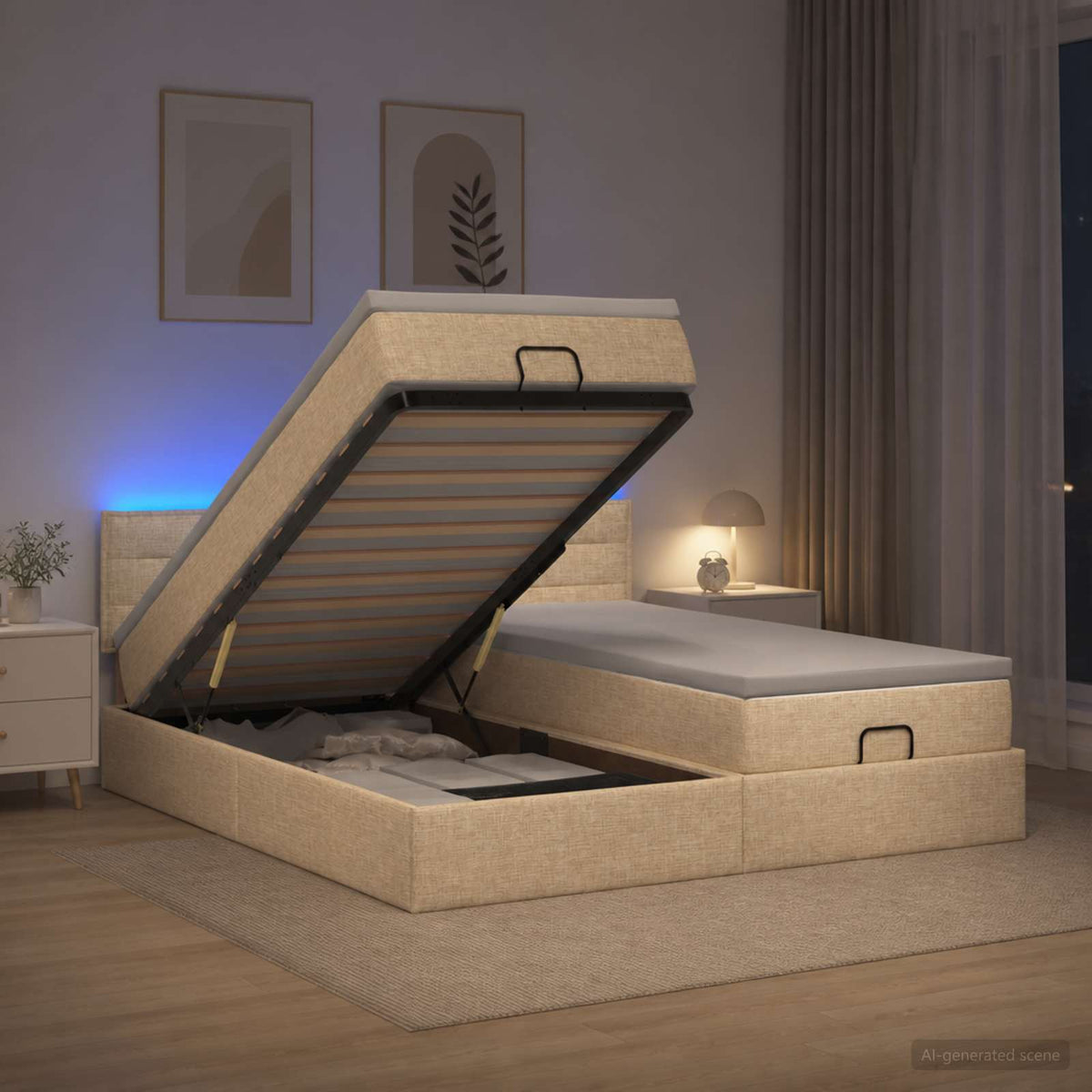 Ottoman Bed met Matrassen en LED Crèmekleurig 160 x 200 cm Stof is nu te koop bij PeponiXL, paradijselijk wonen!