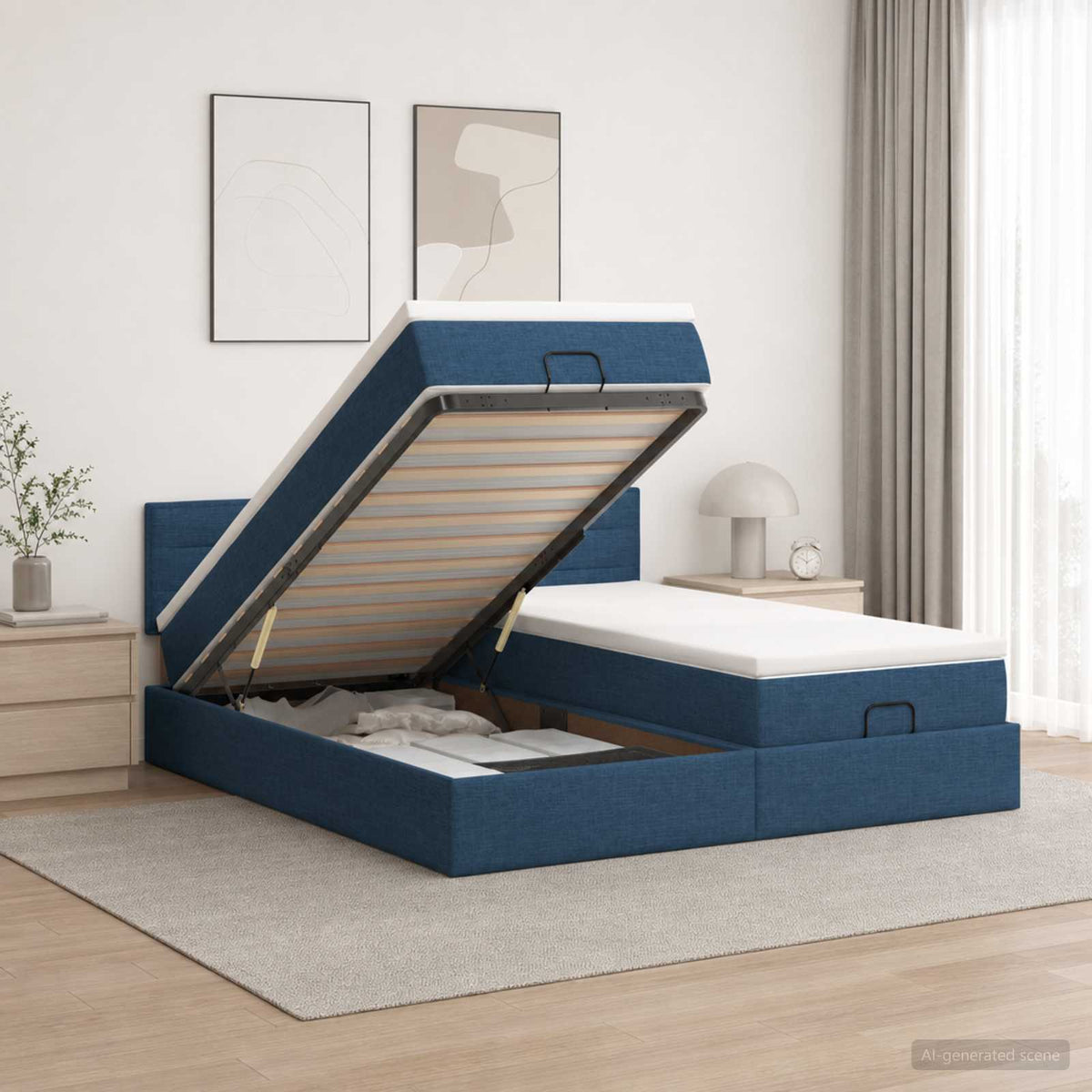 Ottoman bed met matras met hoofdeinde 2 pcs Blauw Stof is nu te koop bij PeponiXL, paradijselijk wonen!
