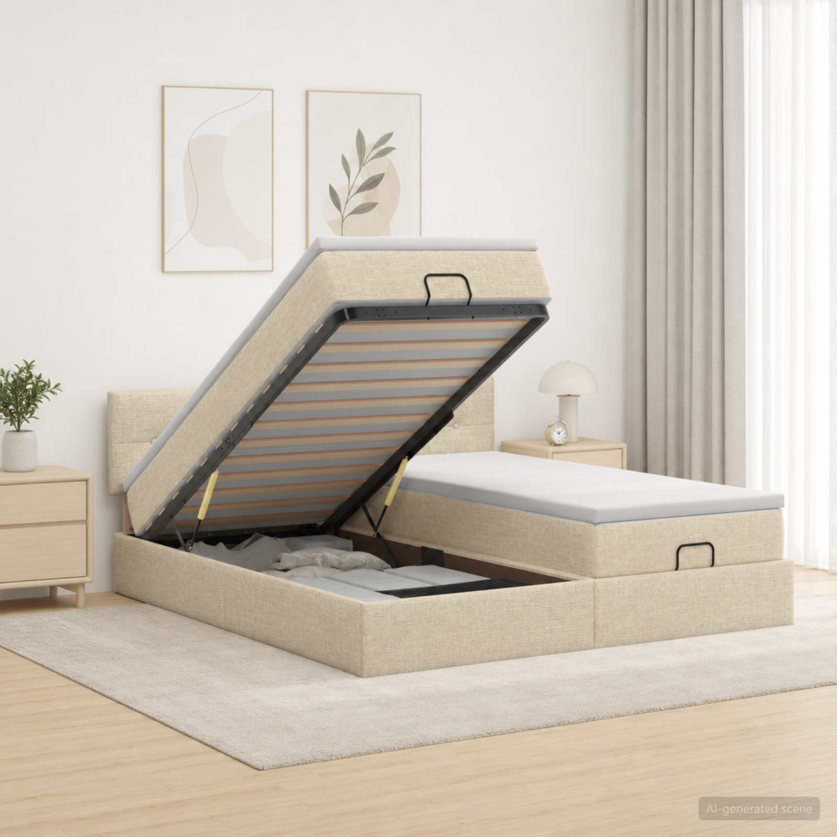 Ottoman Bed met Matrassen en LED Crèmekleurig 160 x 200 cm Stof is nu te koop bij PeponiXL, paradijselijk wonen!