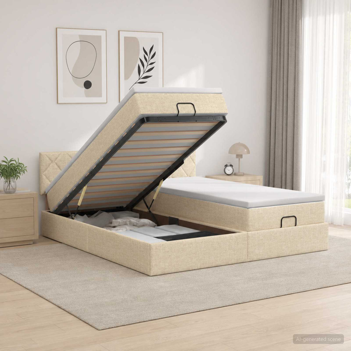 Ottoman bed met matras met hoofdeinde 2 st Crèmekleurig Stof is nu te koop bij PeponiXL, paradijselijk wonen!