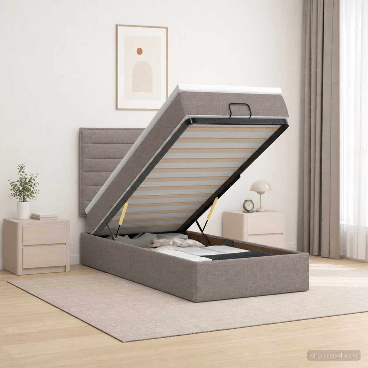 Ottoman Bed met Matrassen en LED Taupe 100 x 200 cm Stof is nu te koop bij PeponiXL, paradijselijk wonen!
