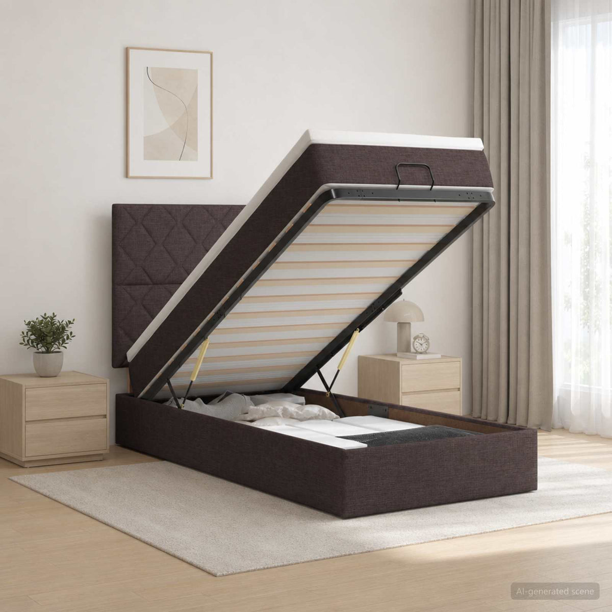 Ottoman bed met matras Donkerbruin 90 x 200 cm Stof is nu te koop bij PeponiXL, paradijselijk wonen!