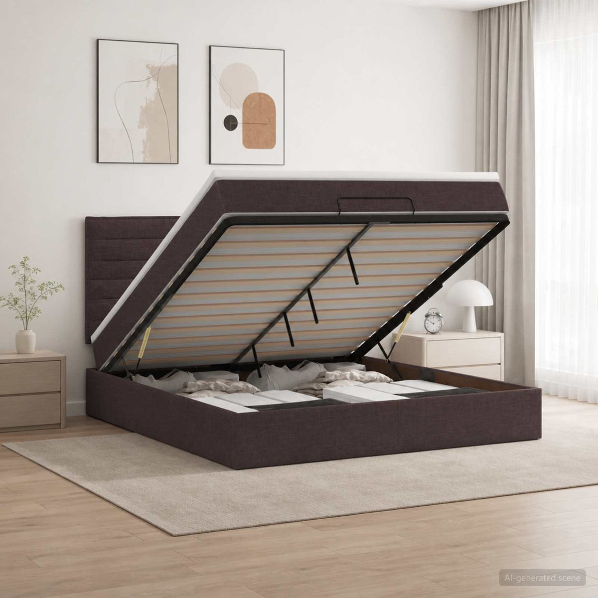 Ottoman bed met matras Donkerbruin 160 x 200 cm Stof is nu te koop bij PeponiXL, paradijselijk wonen!