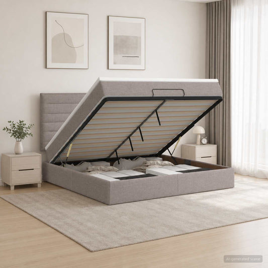 Ottoman bed met matras met hoofdeinde Taupe 180 x 200 cm Stof is nu te koop bij PeponiXL, paradijselijk wonen!