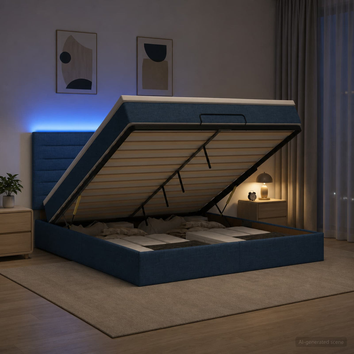 Ottoman Bed met Matrassen en LED Blauw 160 x 200 cm Stof is nu te koop bij PeponiXL, paradijselijk wonen!