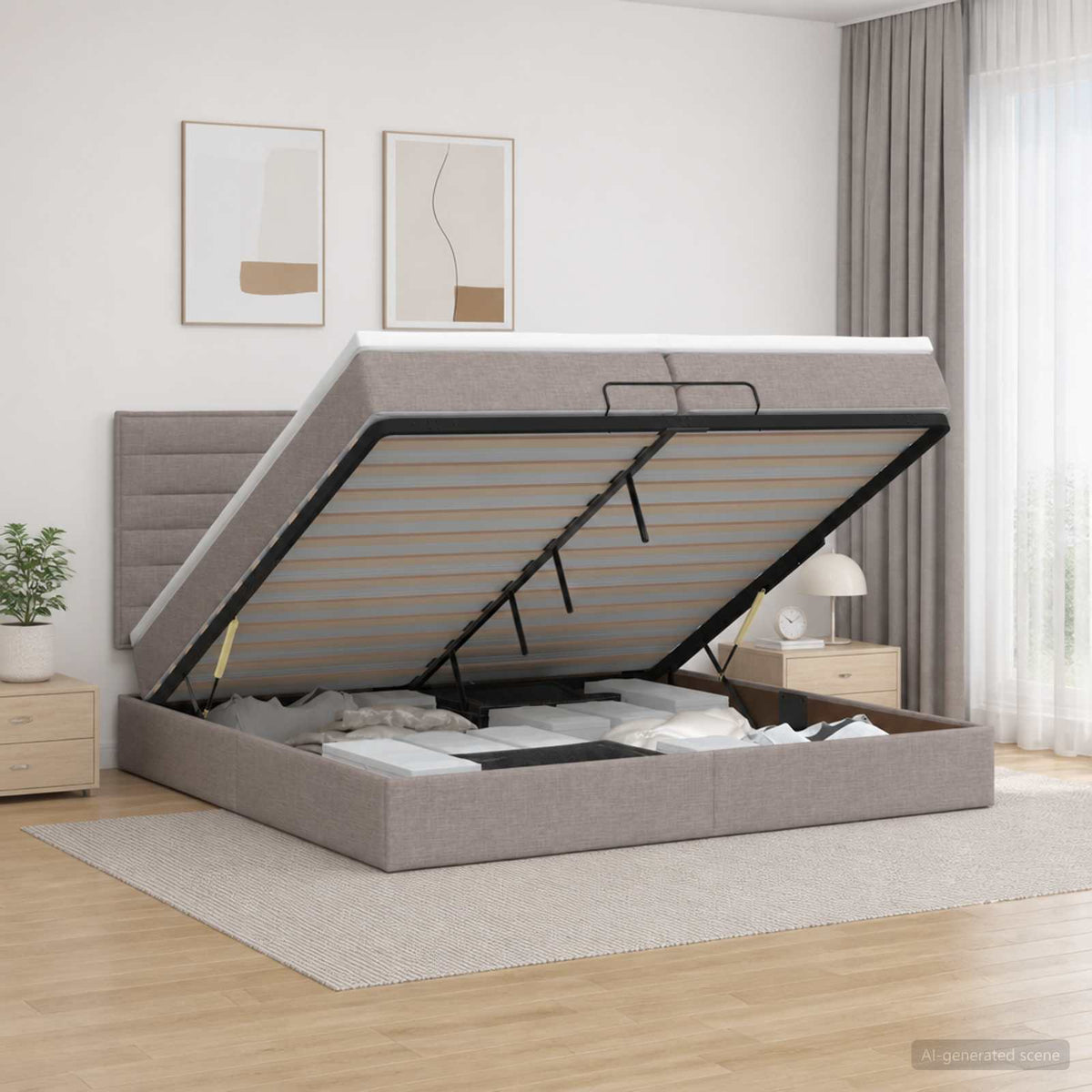 Ottoman bed met matras met hoofdeinde Taupe 200 x 200 cm Stof is nu te koop bij PeponiXL, paradijselijk wonen!