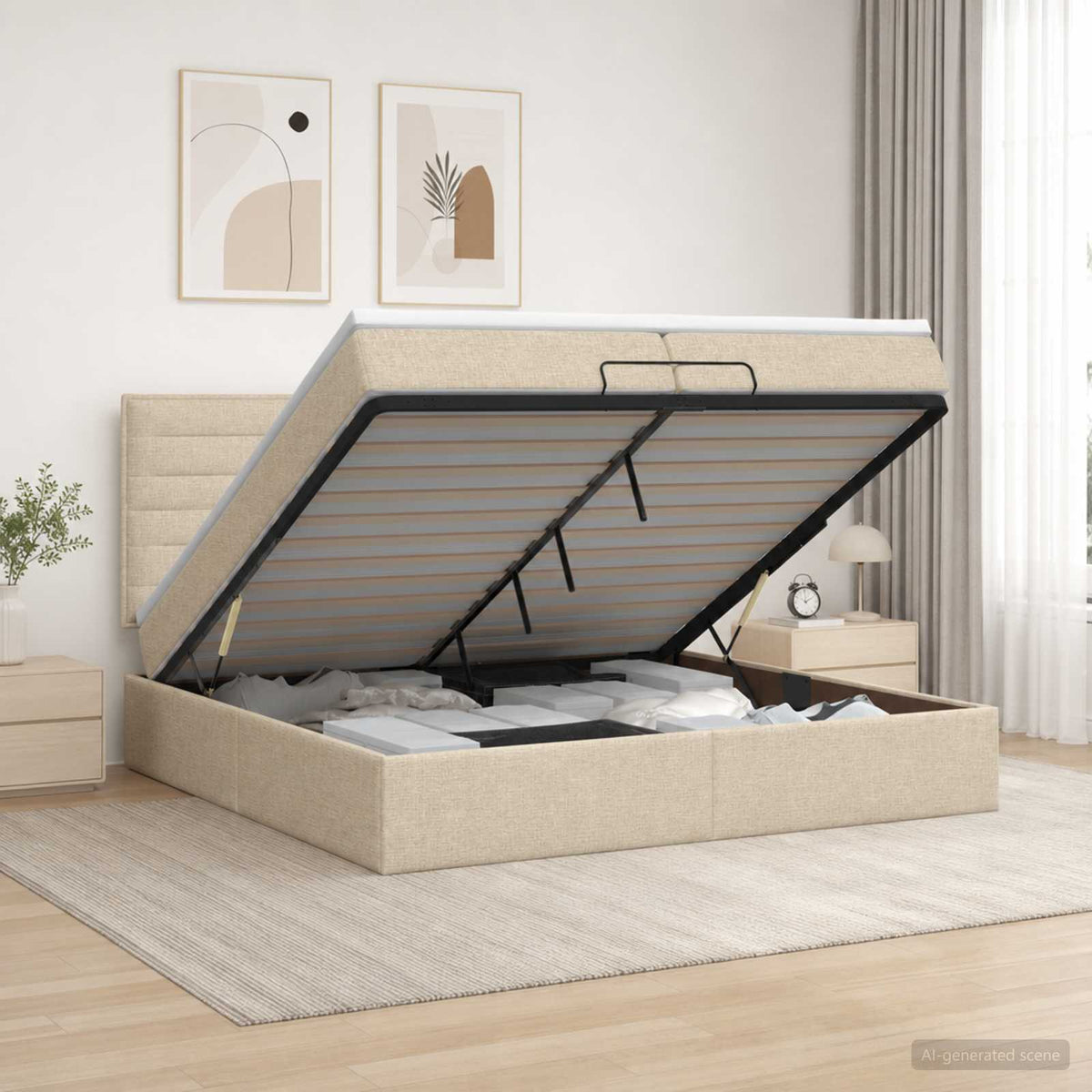 Ottoman bed met matras Crèmekleurig 200 x 200 cm Stof is nu te koop bij PeponiXL, paradijselijk wonen!