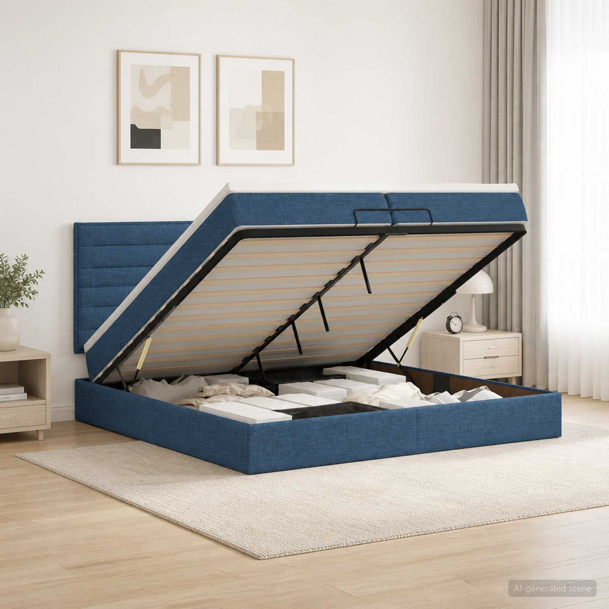 Ottoman bed met matras met hoofdeinde Blauw 200 x 200 cm Stof is nu te koop bij PeponiXL, paradijselijk wonen!