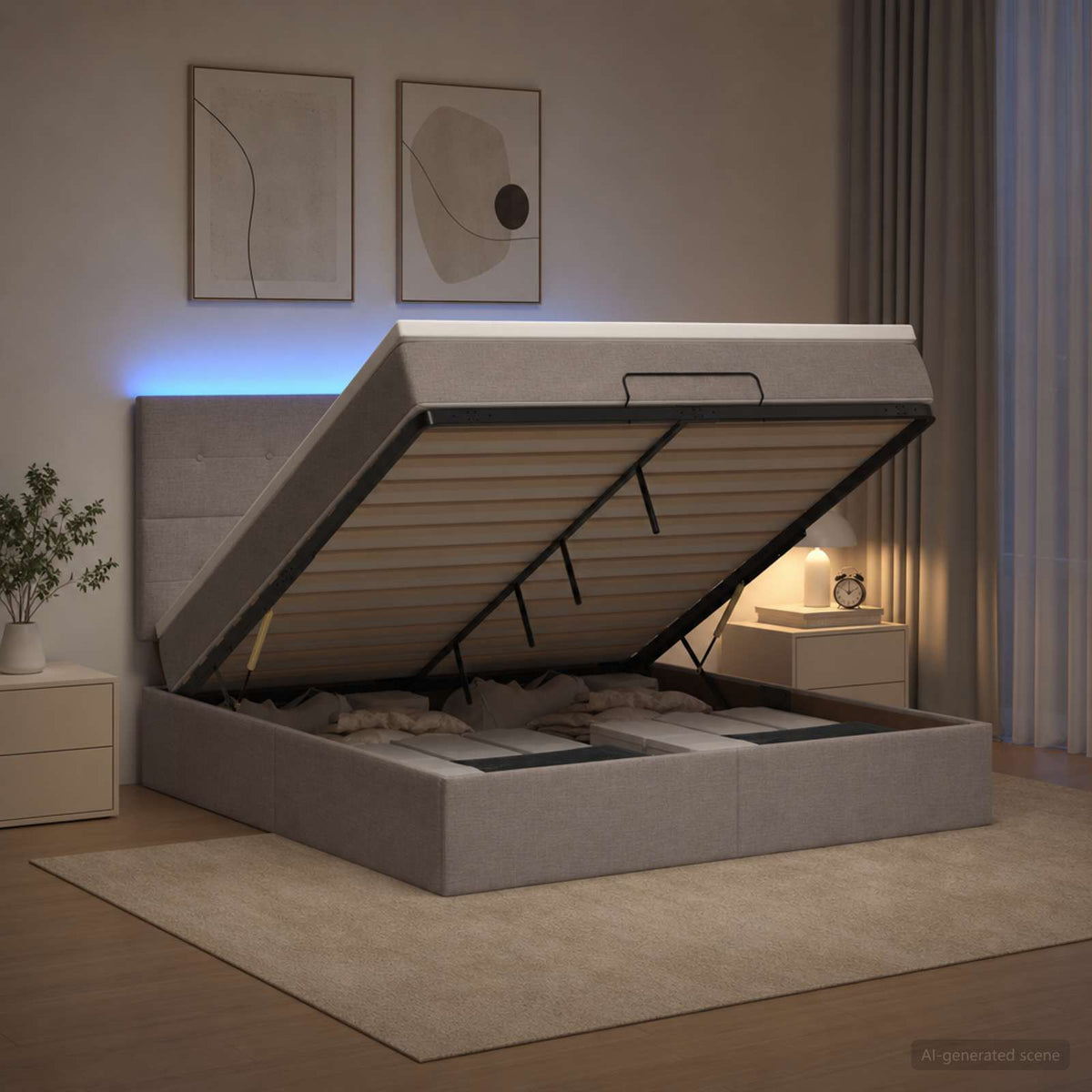 Ottoman Bed met Matrassen en LED Taupe 160 x 200 cm Stof is nu te koop bij PeponiXL, paradijselijk wonen!