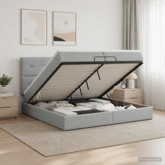 Ottoman Bed met Matrassen en LED Lichtgrijs 200 x 200 cm Stof is nu te koop bij PeponiXL, paradijselijk wonen!