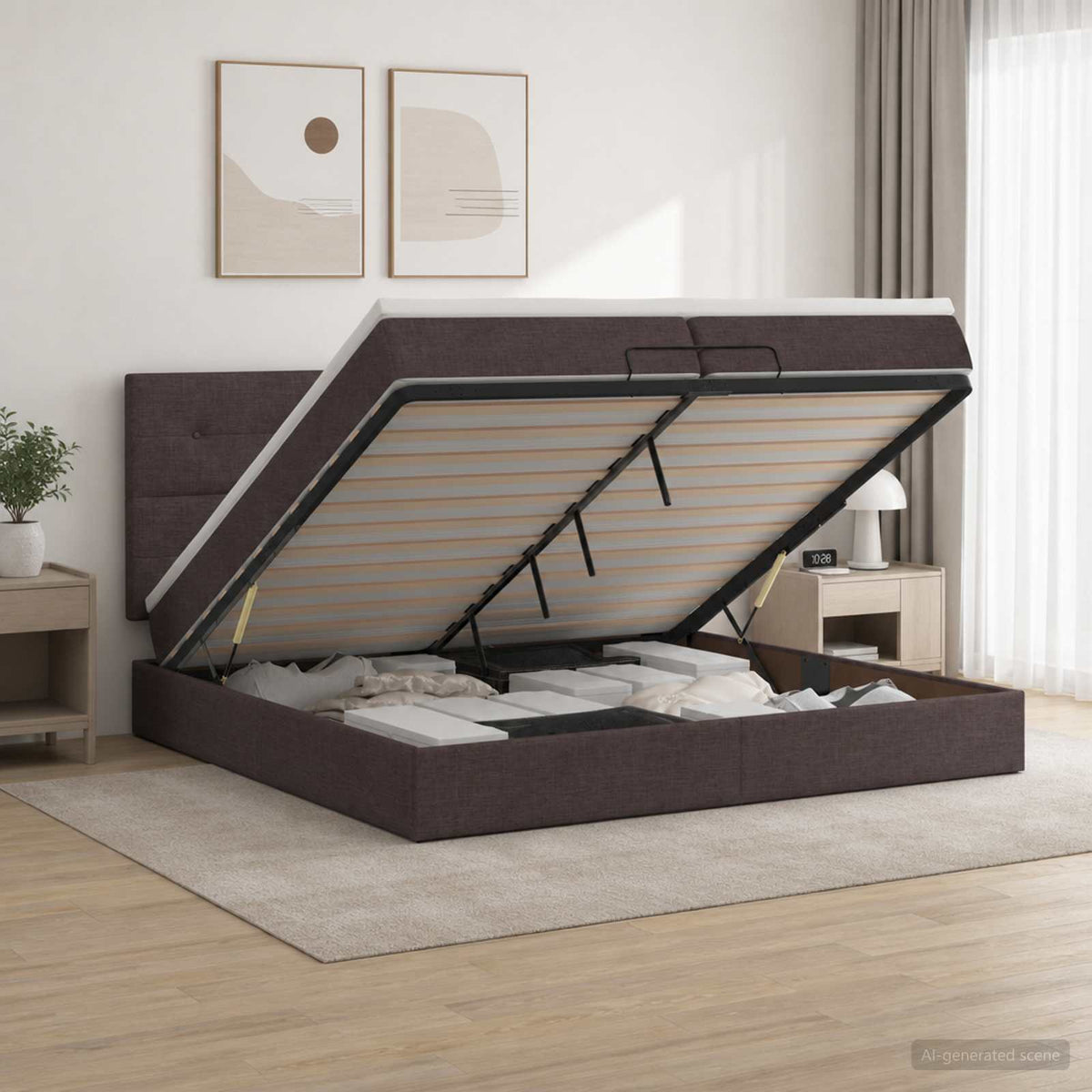 Ottoman bed met matras Donkerbruin 200 x 200 cm Stof is nu te koop bij PeponiXL, paradijselijk wonen!
