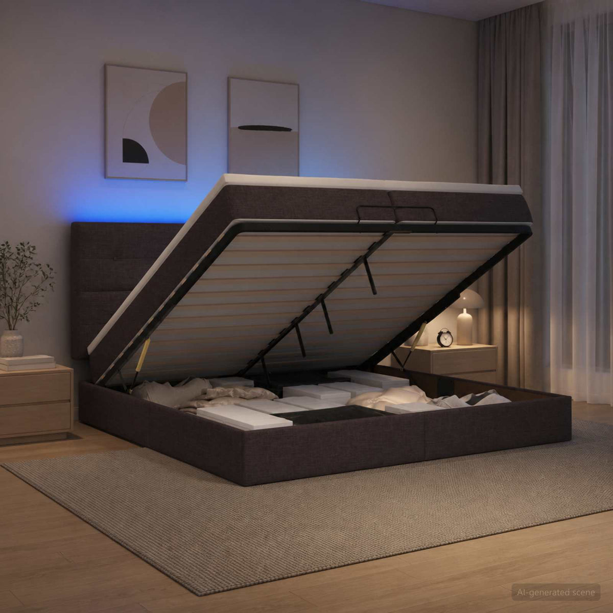 Ottoman Bed met Matrassen en LED Donkerbruin 200 x 200 cm Stof is nu te koop bij PeponiXL, paradijselijk wonen!