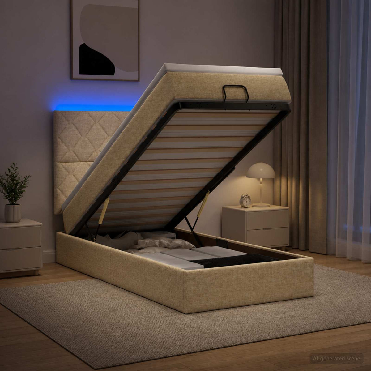 Ottoman Bed met Matrassen en LED Crèmekleurig 90 x 190 cm Stof is nu te koop bij PeponiXL, paradijselijk wonen!