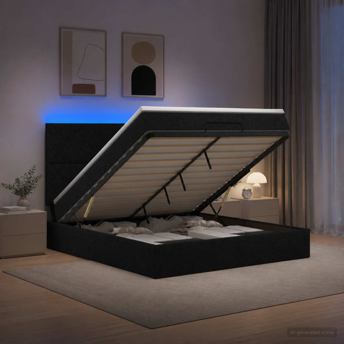 Ottoman Bed met Matrassen en LED Zwart 140 x 190 cm Stof is nu te koop bij PeponiXL, paradijselijk wonen!