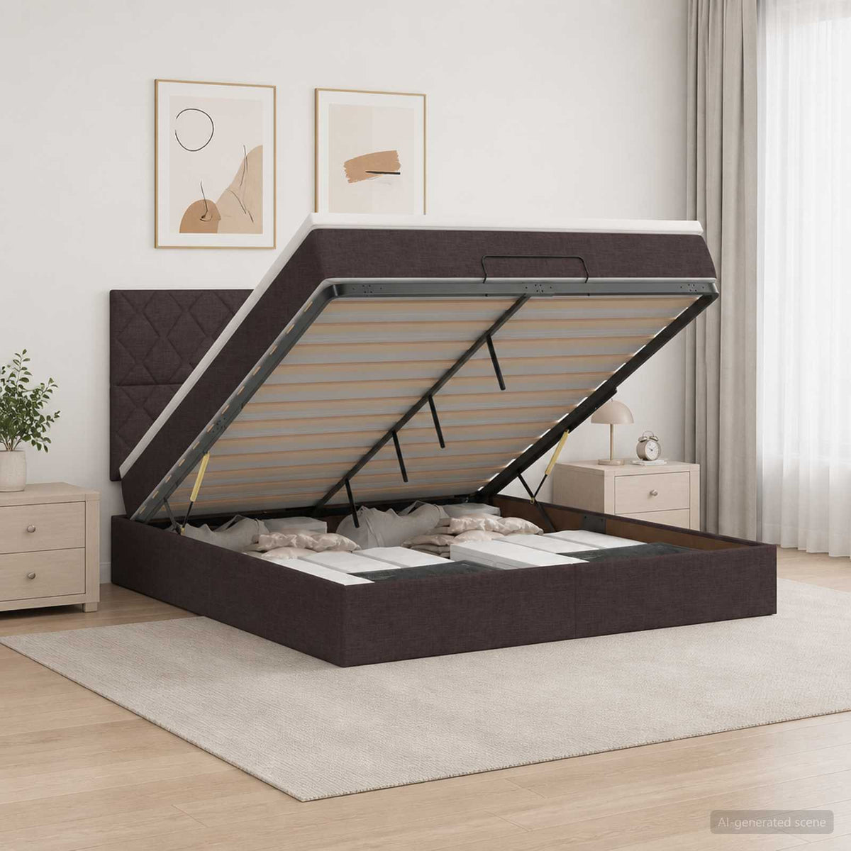 Ottoman bed met matras Donkerbruin 140 x 200 cm Stof is nu te koop bij PeponiXL, paradijselijk wonen!