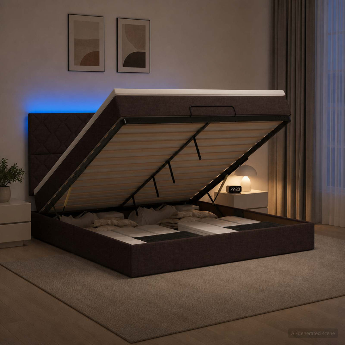 Ottoman Bed met Matrassen en LED Donkerbruin 140 x 200 cm Stof is nu te koop bij PeponiXL, paradijselijk wonen!