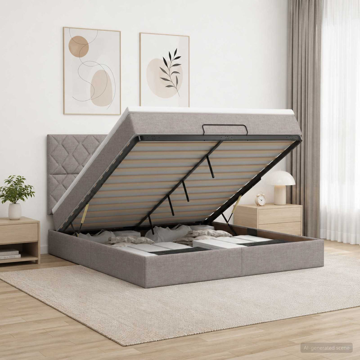 Ottoman bed met matras met hoofdeinde Taupe 160 x 200 cm Stof is nu te koop bij PeponiXL, paradijselijk wonen!