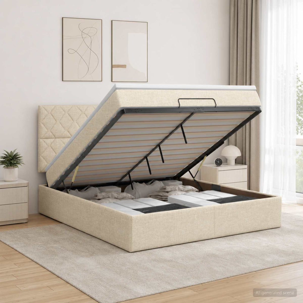 Ottoman bed met matras Crèmekleurig 160 x 200 cm Stof is nu te koop bij PeponiXL, paradijselijk wonen!