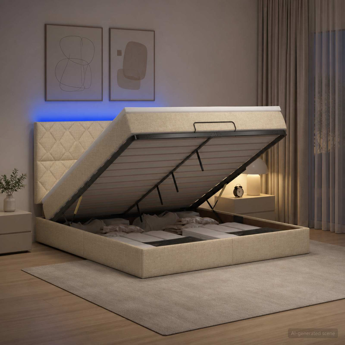 Ottoman Bed met Matrassen en LED Crèmekleurig 140 x 200 cm Stof is nu te koop bij PeponiXL, paradijselijk wonen!