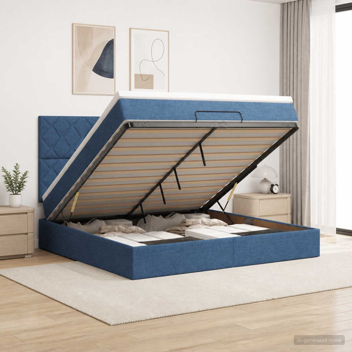 Ottoman Bed met Matrassen en LED Blauw 140 x 190 cm Stof is nu te koop bij PeponiXL, paradijselijk wonen!