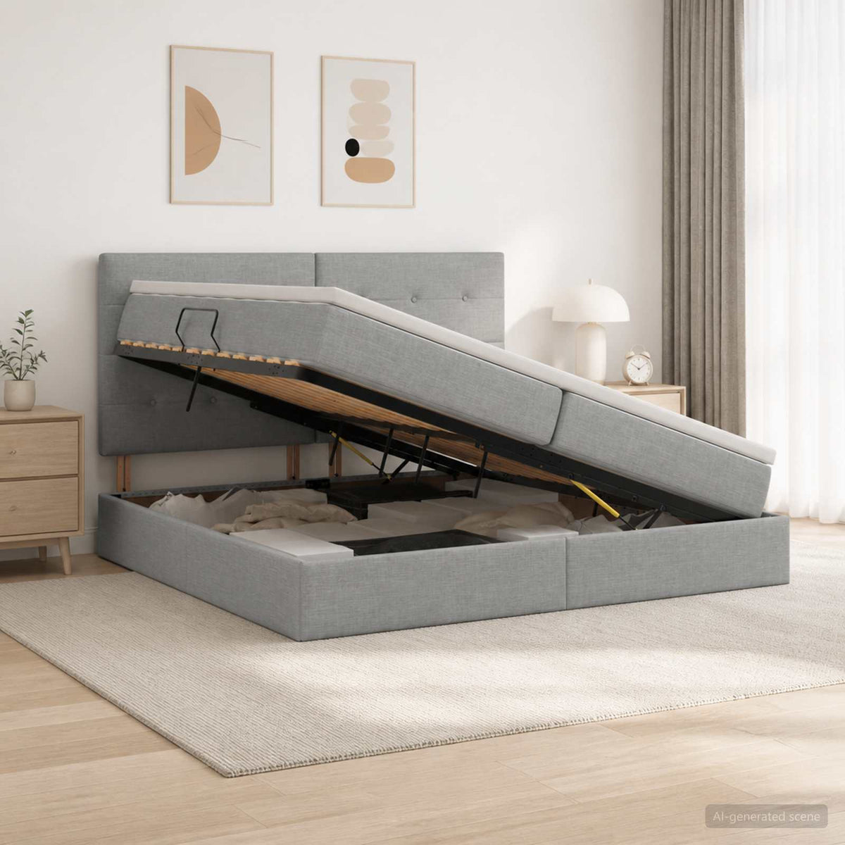 Opslag bed met matras met opslag Lichtgrijs 200 x 200 cm Stof is nu te koop bij PeponiXL, paradijselijk wonen!
