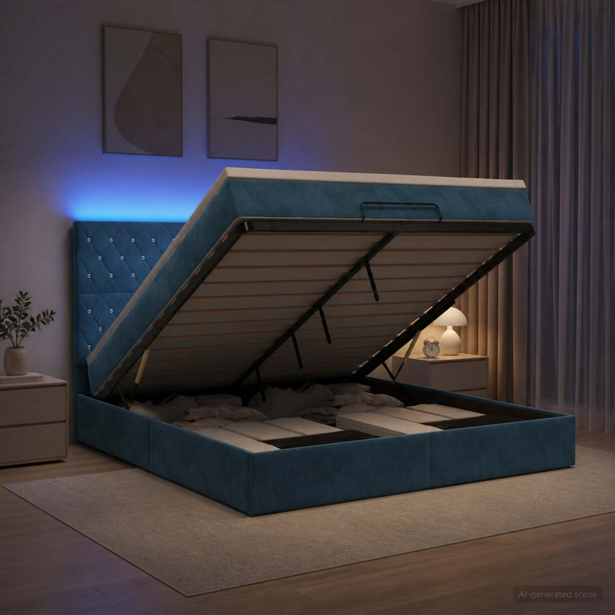 Ottoman Bed met Matrassen en LED Donkerblauw 160 x 200 cm is nu te koop bij PeponiXL, paradijselijk wonen!