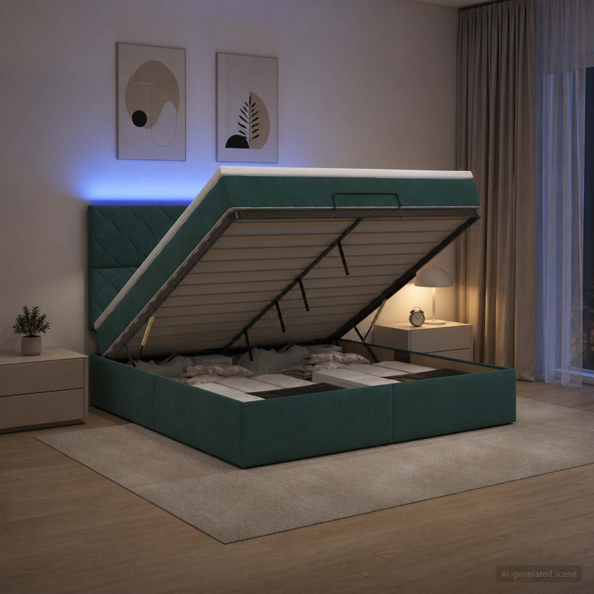 Ottoman Bed met Matrassen en LED Donkergroen 160 x 200 cm is nu te koop bij PeponiXL, paradijselijk wonen!