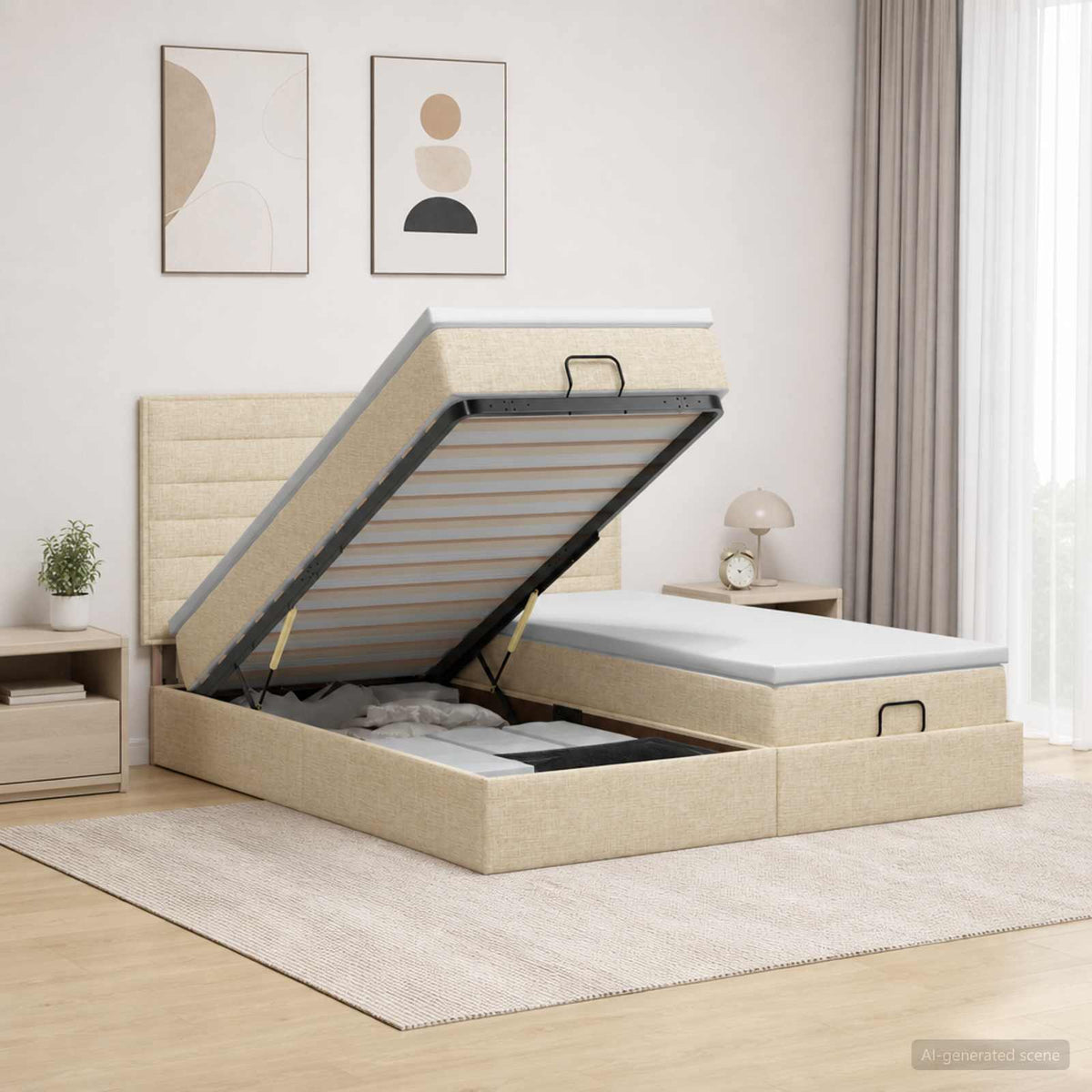 Ottoman bed met matras met hoofdeinde 2 st Crèmekleurig Stof is nu te koop bij PeponiXL, paradijselijk wonen!