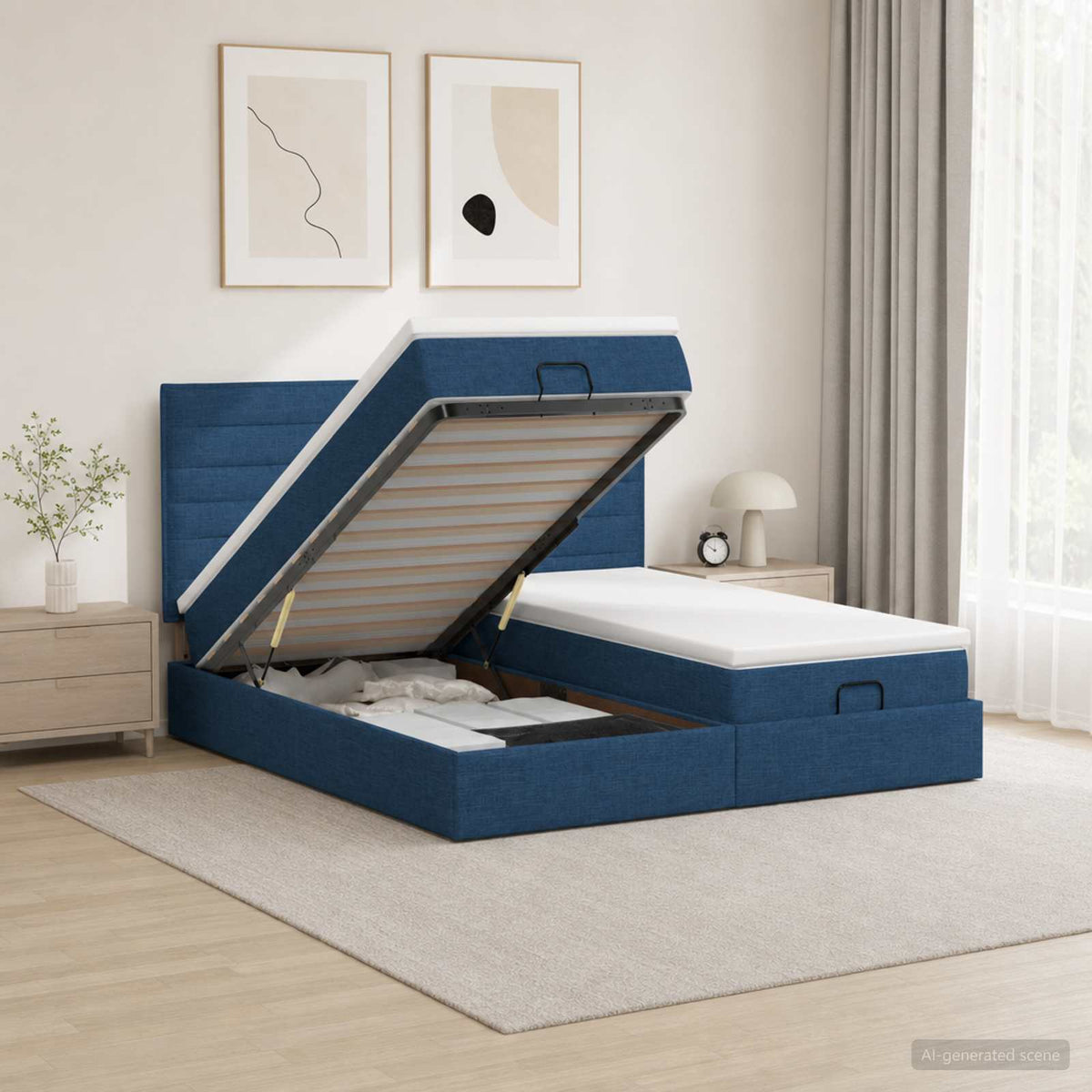 Ottoman bed met matras met hoofdeinde 2 st Blauw Stof is nu te koop bij PeponiXL, paradijselijk wonen!