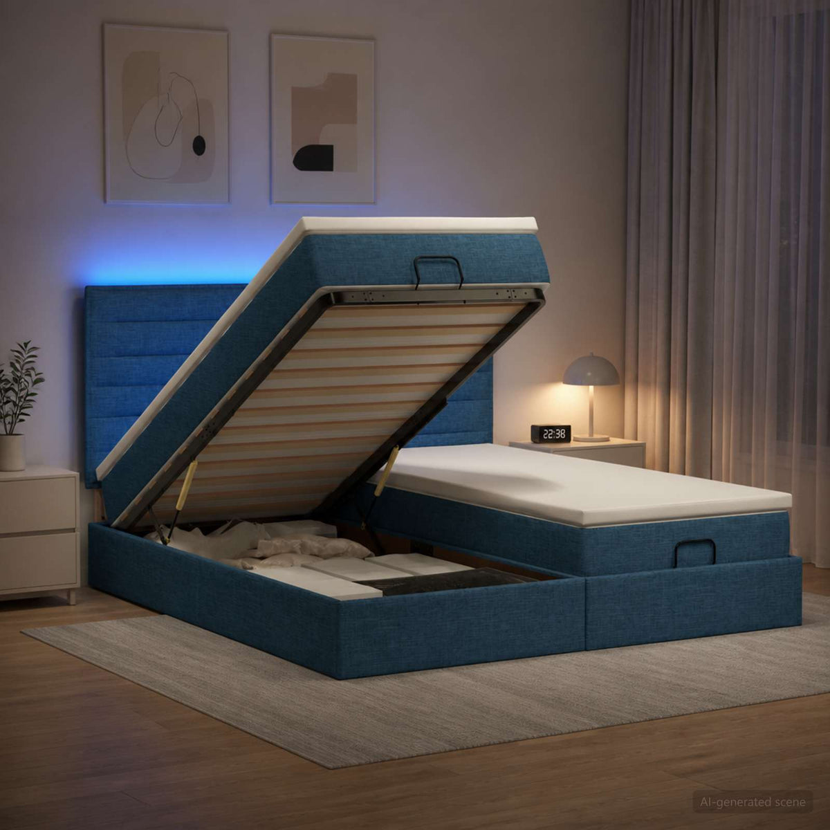 Ottoman Bed met Matrassen en LED Blauw 160 x 200 cm Stof is nu te koop bij PeponiXL, paradijselijk wonen!