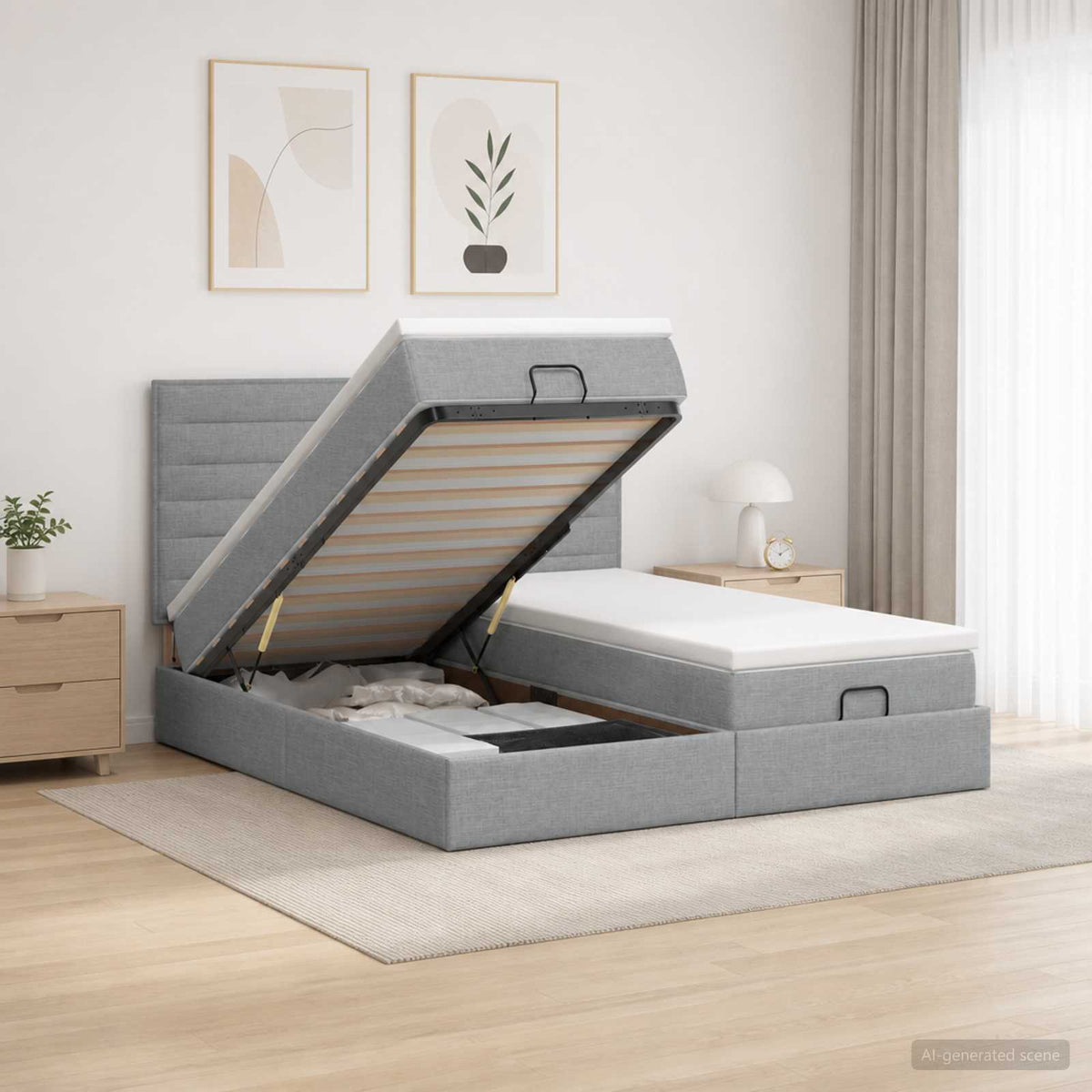 Ottoman bed met matras met hoofdeinde 2 st Lichtgrijs Stof is nu te koop bij PeponiXL, paradijselijk wonen!