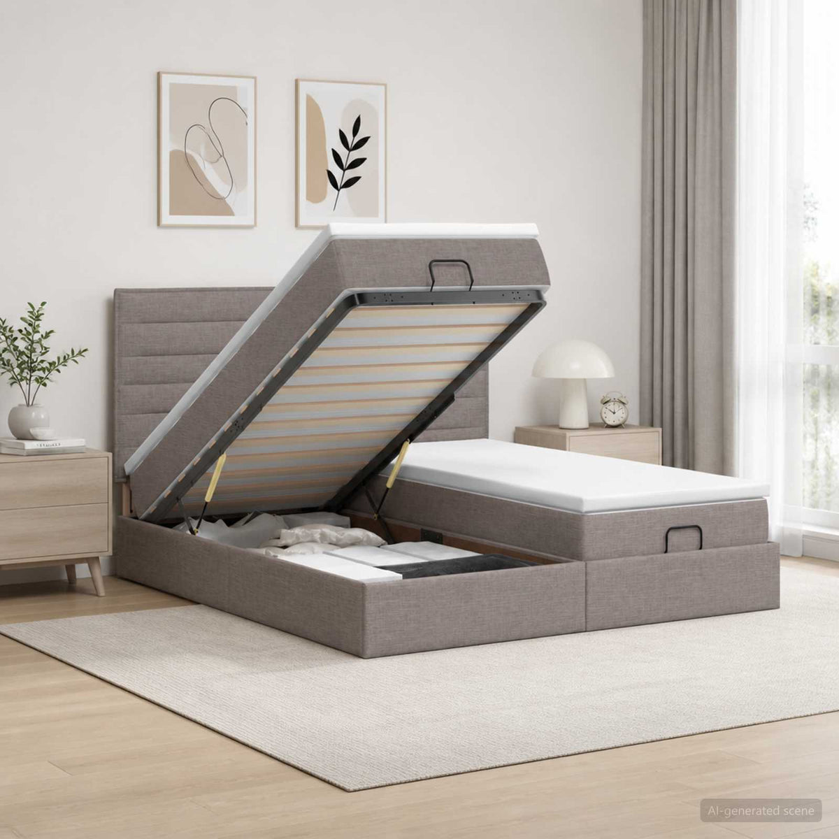 Ottoman bed met matras met hoofdeinde 2 st Taupe Stof is nu te koop bij PeponiXL, paradijselijk wonen!