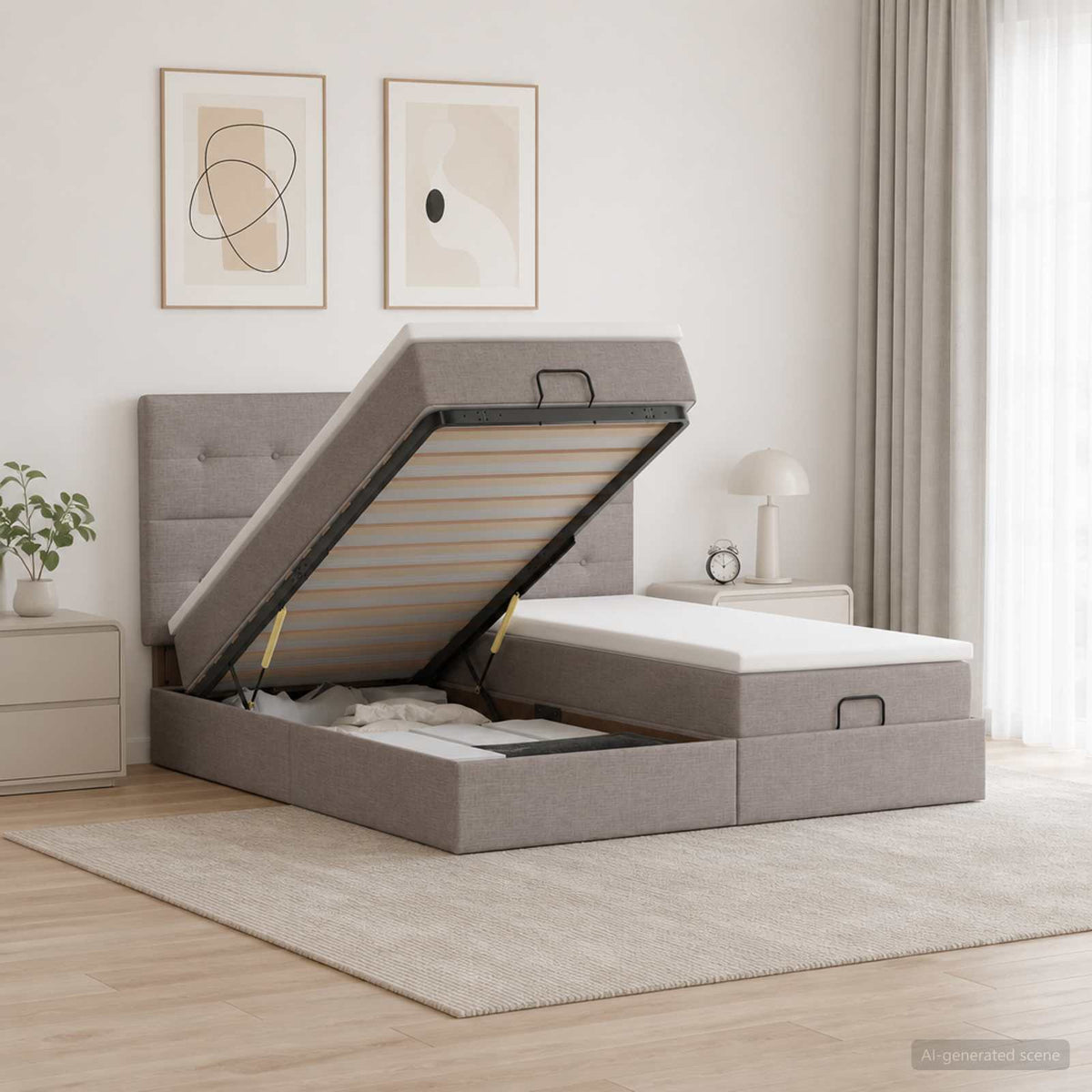 Ottoman bed met matras met hoofdeinde 2 st Taupe Stof is nu te koop bij PeponiXL, paradijselijk wonen!