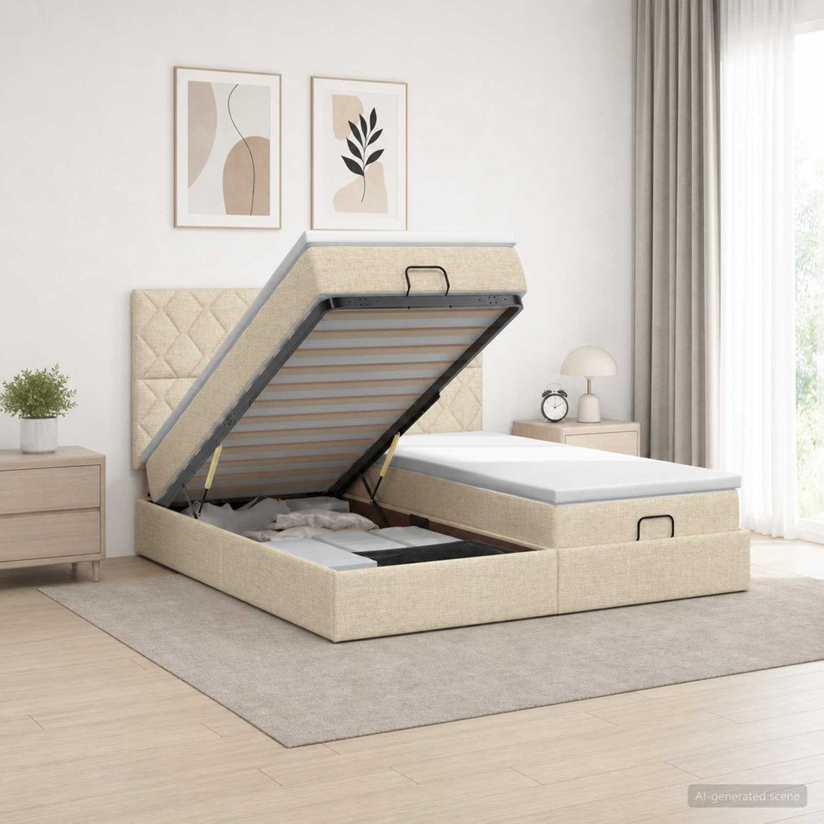 Ottoman Bed met Matrassen en LED Crèmekleurig 160 x 200 cm Stof is nu te koop bij PeponiXL, paradijselijk wonen!