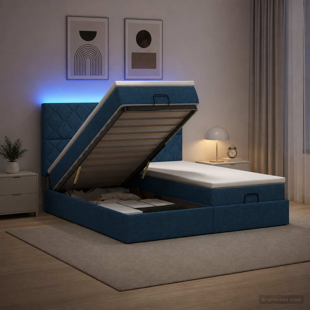 Ottoman Bed met Matrassen en LED Blauw 180 x 200 cm Stof is nu te koop bij PeponiXL, paradijselijk wonen!