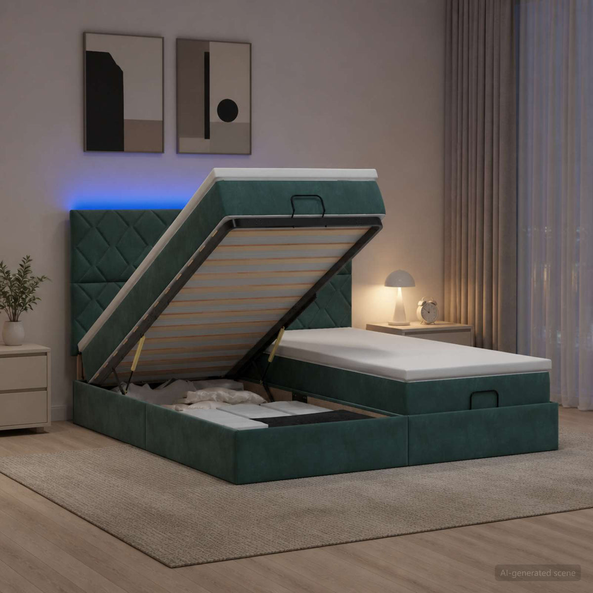 vidaXL Ottoman Bed met Matrassen en LED Donkergroen 160 x 200 cm