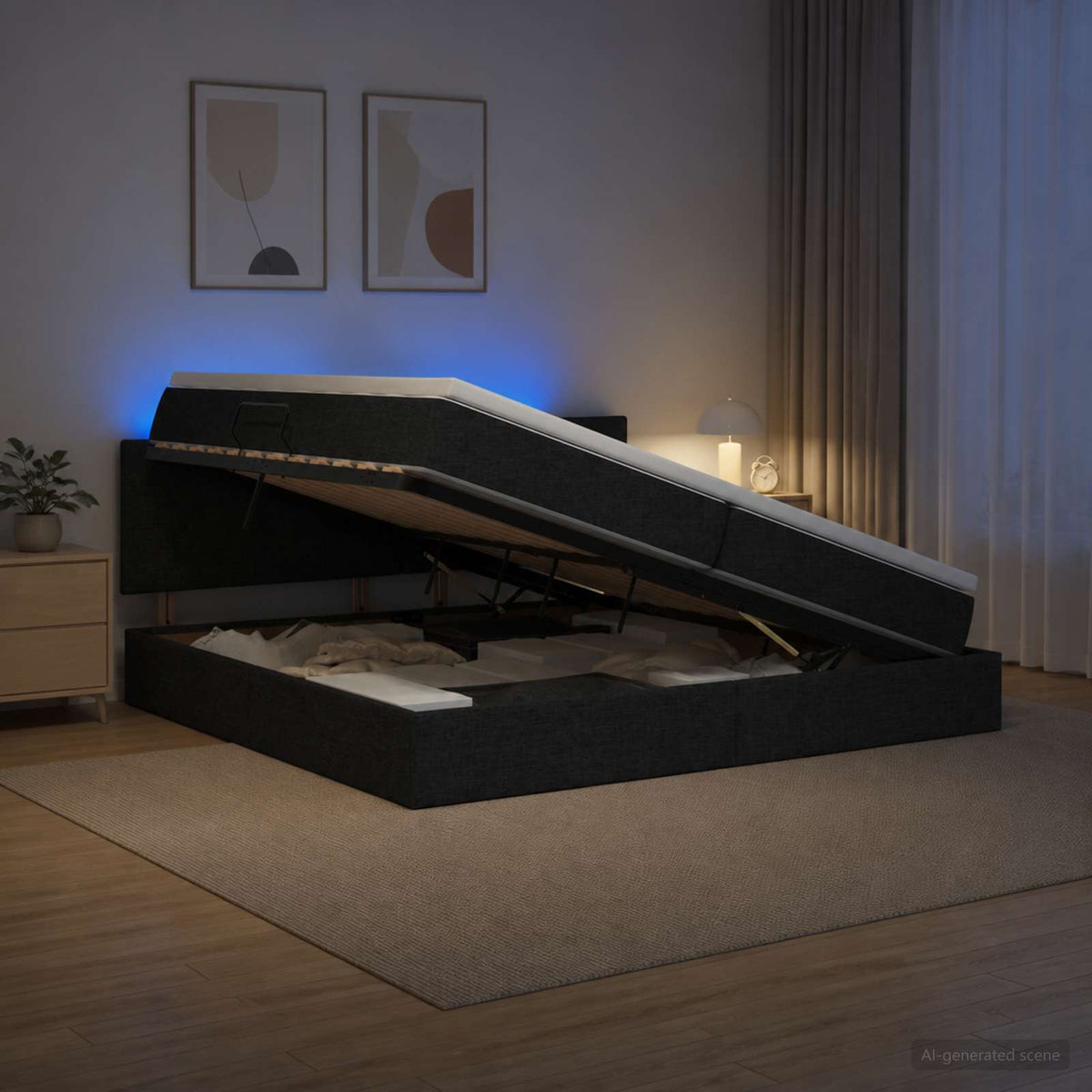 LED Opslagbed met Matras Zwart 200 x 200 cm Stof is nu te koop bij PeponiXL, paradijselijk wonen!