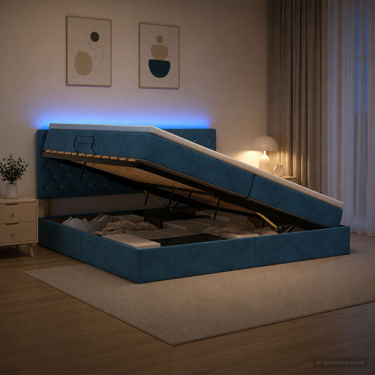 LED Opslagbed met Matras Donkerblauw 200 x 200 cm Fluweel is nu te koop bij PeponiXL, paradijselijk wonen!