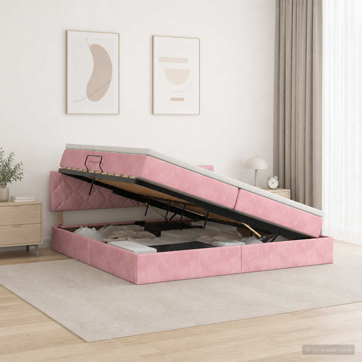 Opslag bed met hoofdeinde Roze 200 x 200 cm Fluweel is nu te koop bij PeponiXL, paradijselijk wonen!