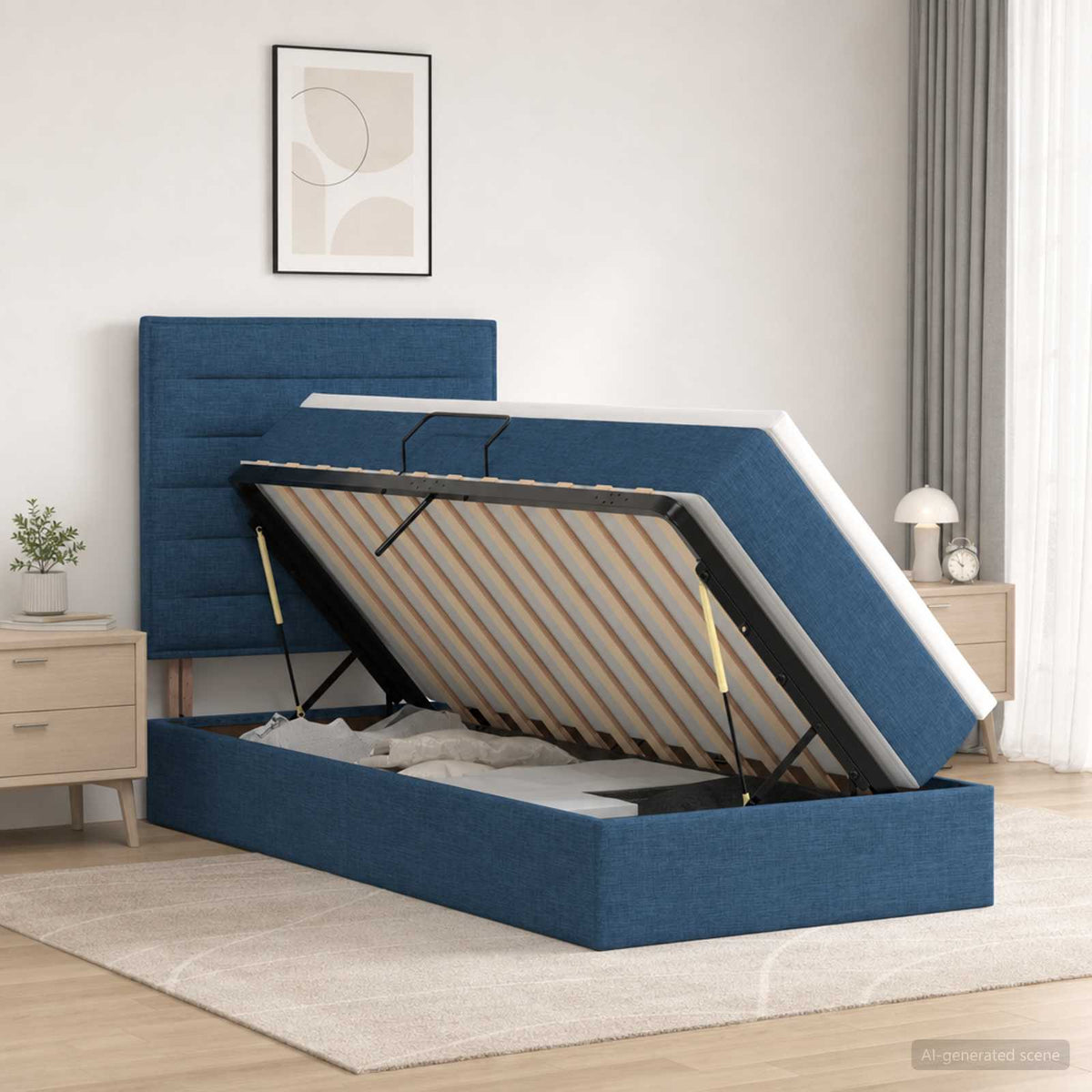 Opslag bed met matras met hoofdeinde Blauw 100 x 200 cm Stof is nu te koop bij PeponiXL, paradijselijk wonen!