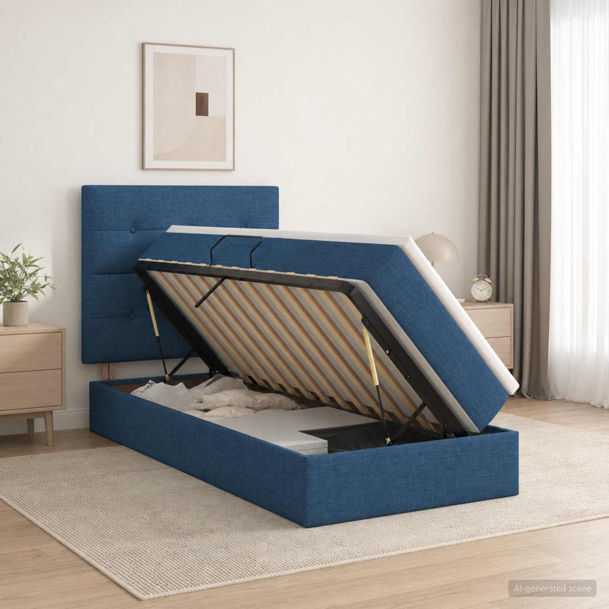 Opslag bed met matras met hoofdeinde Blauw 90 x 200 cm Stof is nu te koop bij PeponiXL, paradijselijk wonen!