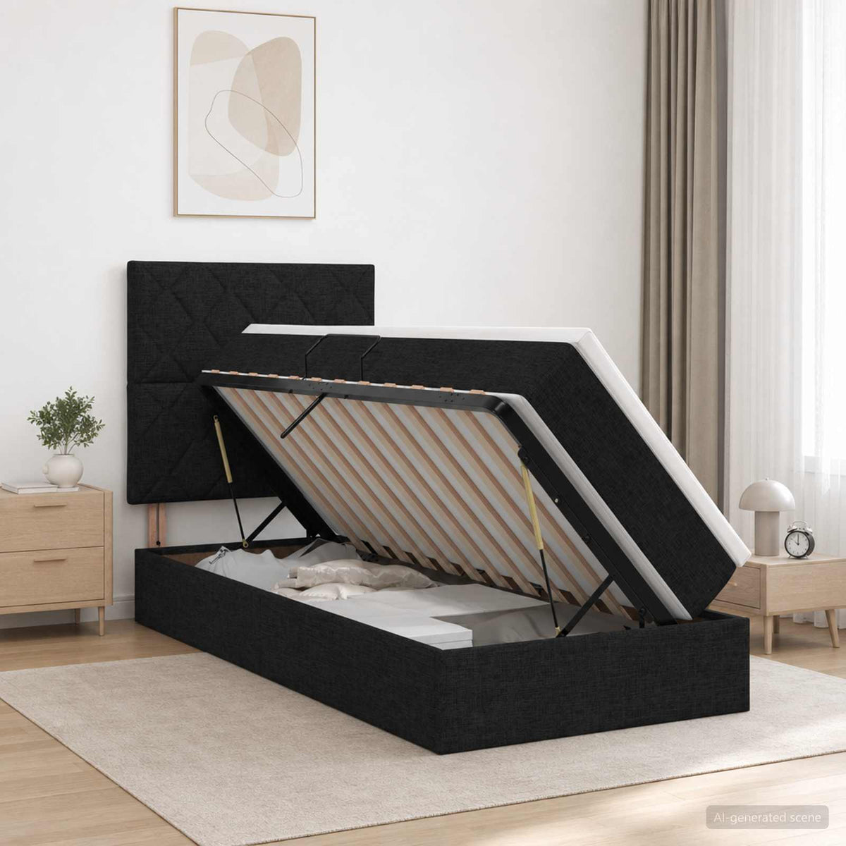 Opslag bed met matras met hoofdeinde Zwart 90 x 200 cm Stof is nu te koop bij PeponiXL, paradijselijk wonen!