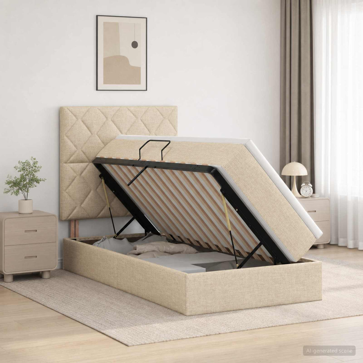 Opslag bed met matras met opslag Crèmekleurig 100 x 200 cm Stof is nu te koop bij PeponiXL, paradijselijk wonen!