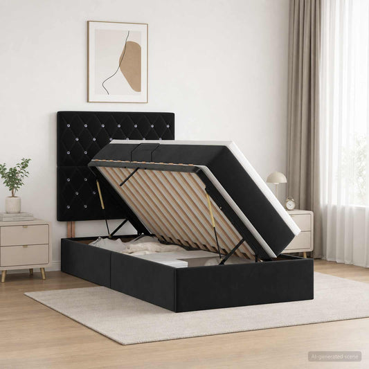 Opslag bed met matras met hoofdeinde Zwart 90 x 190 cm Fluweel is nu te koop bij PeponiXL, paradijselijk wonen!