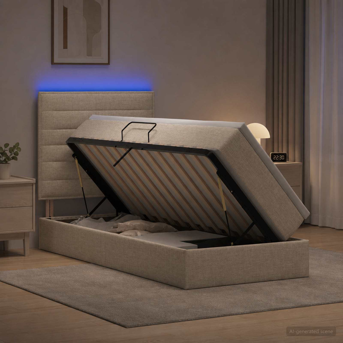 LED Opslagbed met Matras Crèmekleurig 90 x 200 cm Stof is nu te koop bij PeponiXL, paradijselijk wonen!