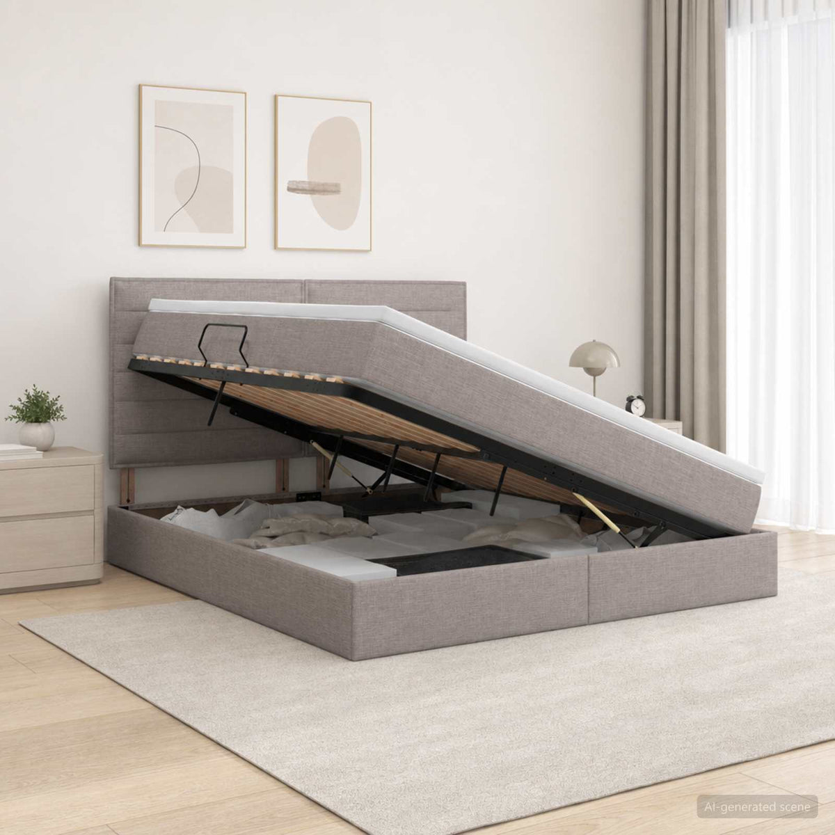 Opslag bed met matras met hoofdeinde Taupe 180 x 200 cm Stof is nu te koop bij PeponiXL, paradijselijk wonen!