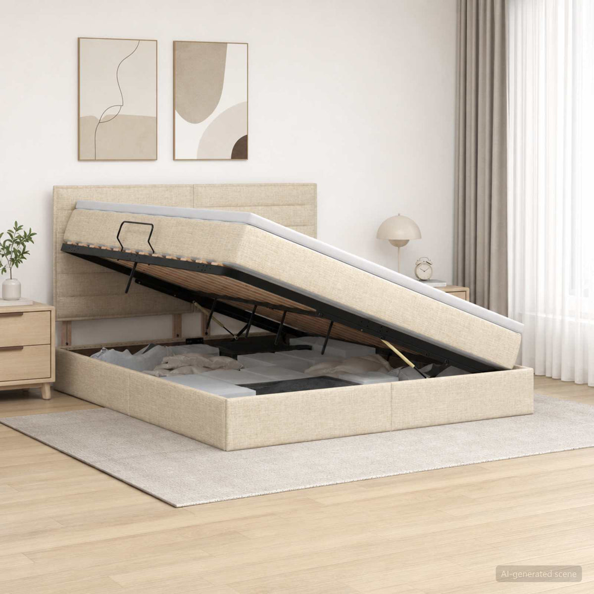 Opslag bed met matras met opslag Crèmekleurig 160 x 200 cm Stof is nu te koop bij PeponiXL, paradijselijk wonen!