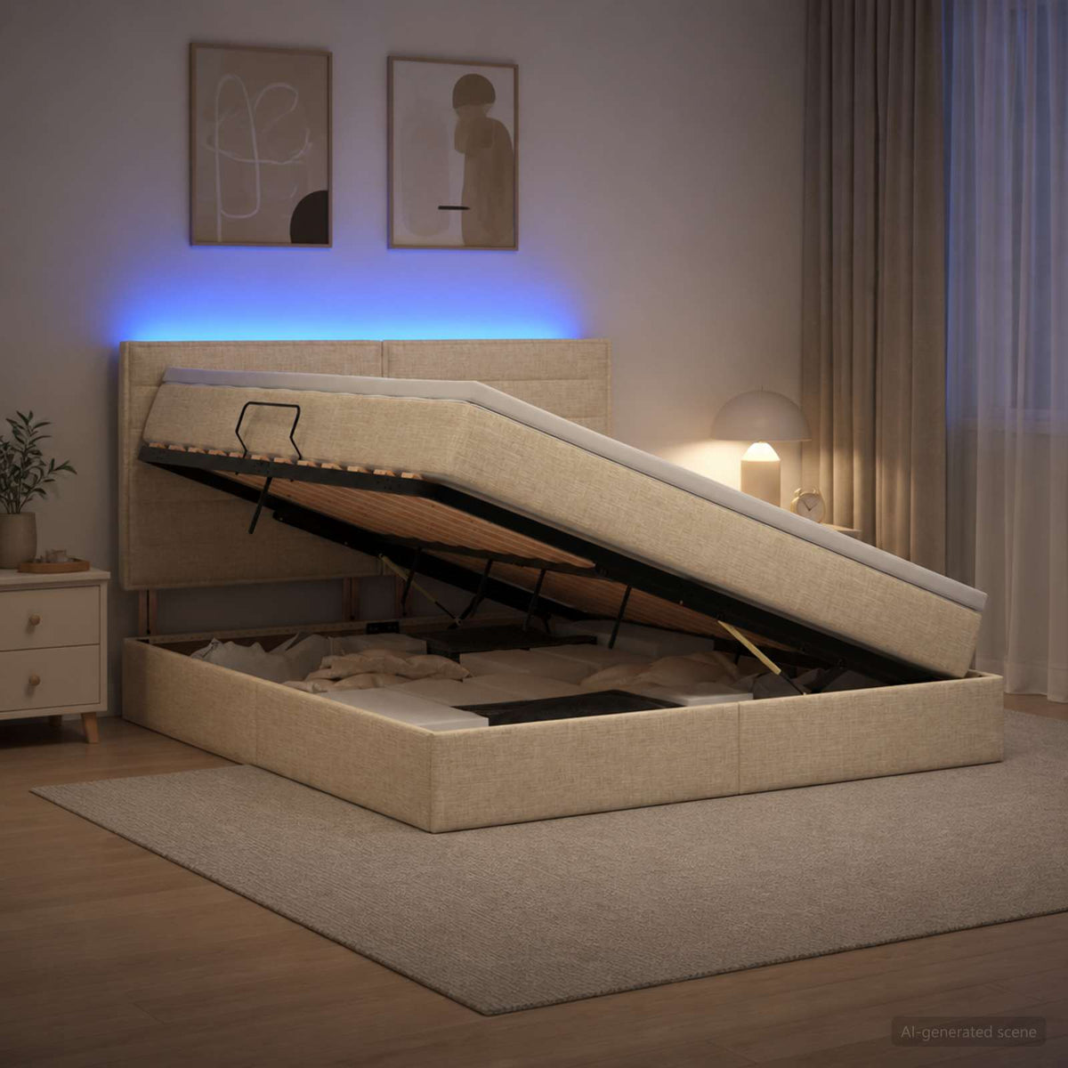 LED Opslagbed met Matras Crèmekleurig 160 x 200 cm Stof is nu te koop bij PeponiXL, paradijselijk wonen!